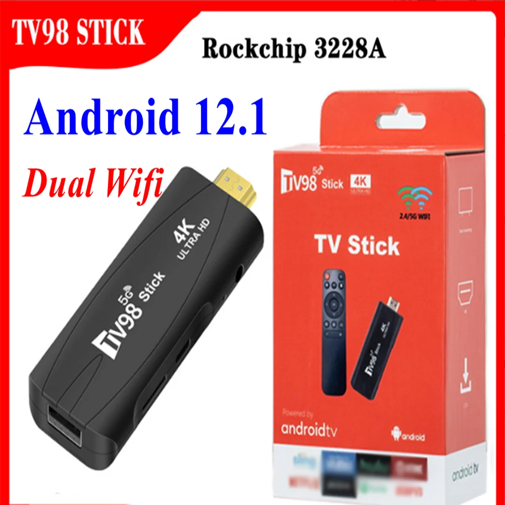 TV98 Mini TV Stick Android 12.1 4K Android TV Box 2.4G/5G Dual WiFi H.265 2GB 16GB Smart Media Player TV Receiver Set Top Box