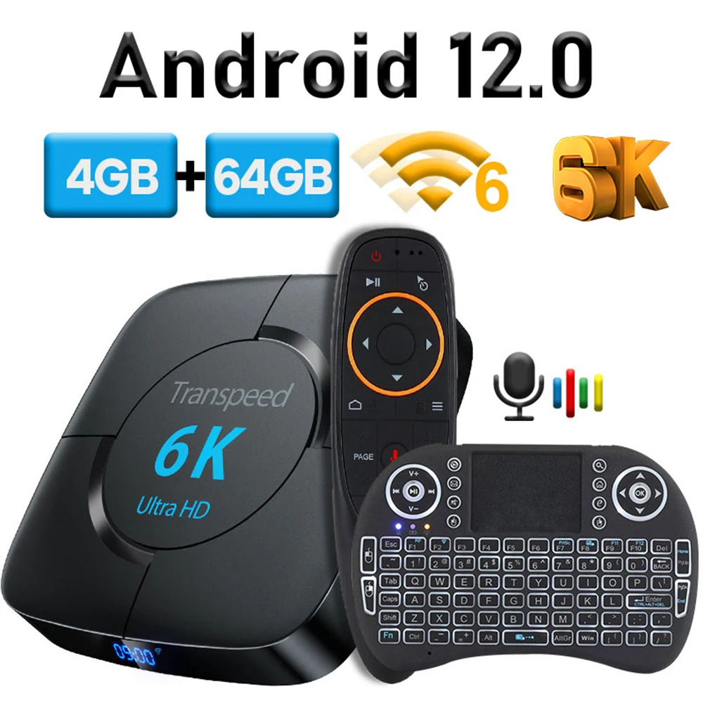 Transpeed Android 12.0 TV Box Voice Assistant 8K 6K 3D Wifi6 BT5.0 2.4G&5.8G 4GB RAM 32G 64G Media player Very Fast Box Top Box